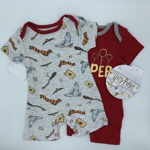 NEW~ HARRY POTTER Baby Rompers 2-Pack 0-3M I'm A Keeper Gryffindor Shortall